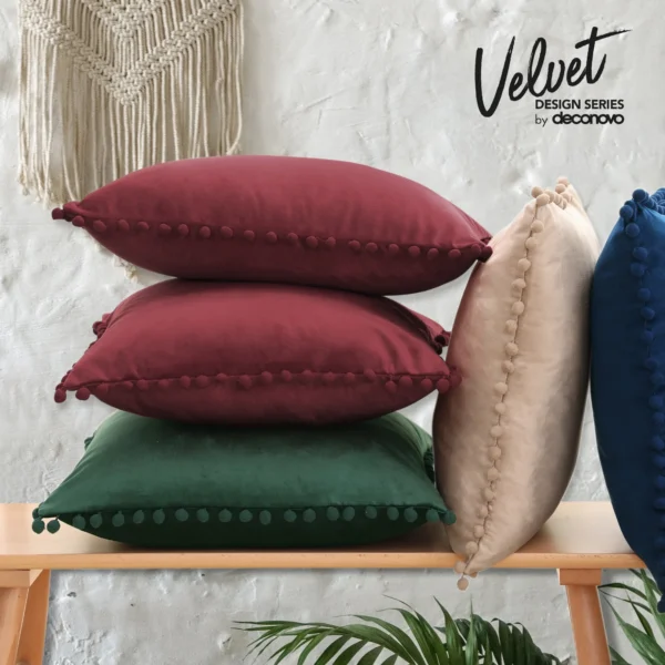 Deconovo Decorative Throw Pillow Covers Pack of 2 with Cute Pom Poms Soft Velvet Farmhouse Cushion Covers for Couch Sofa Bedroom Decor, 22x22 inch, Wine Red